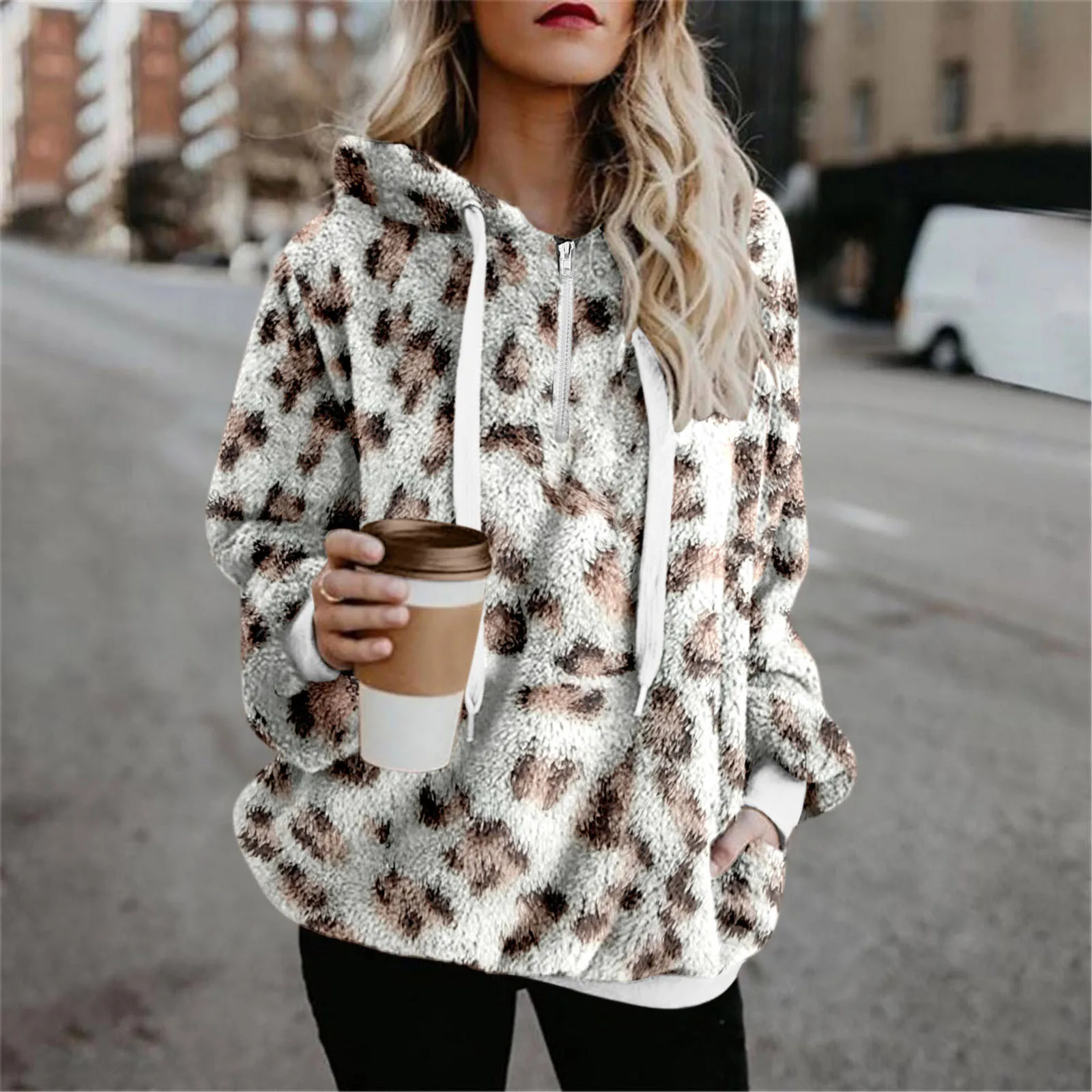 

Women Leopard Hoodies Fur Fuzzy Sweatshirt Autumn Winter Warm Long Sleeve Casual Female Drawstring Hooded Pullovers Tops Moletom