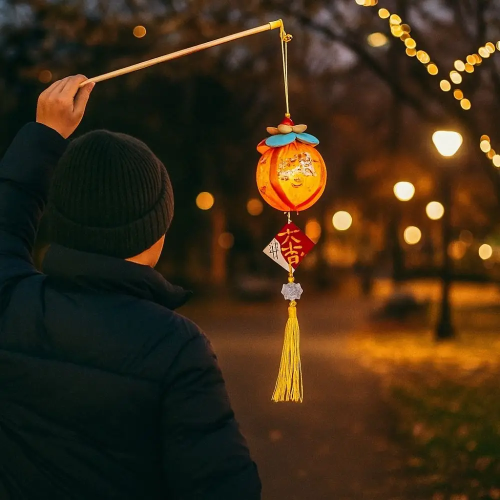 Cartoon Chinese Style Lantern Handmade Blessing Words Handheld Lantern with Tassel Lucky Persimmon Lantern Traditional Festival