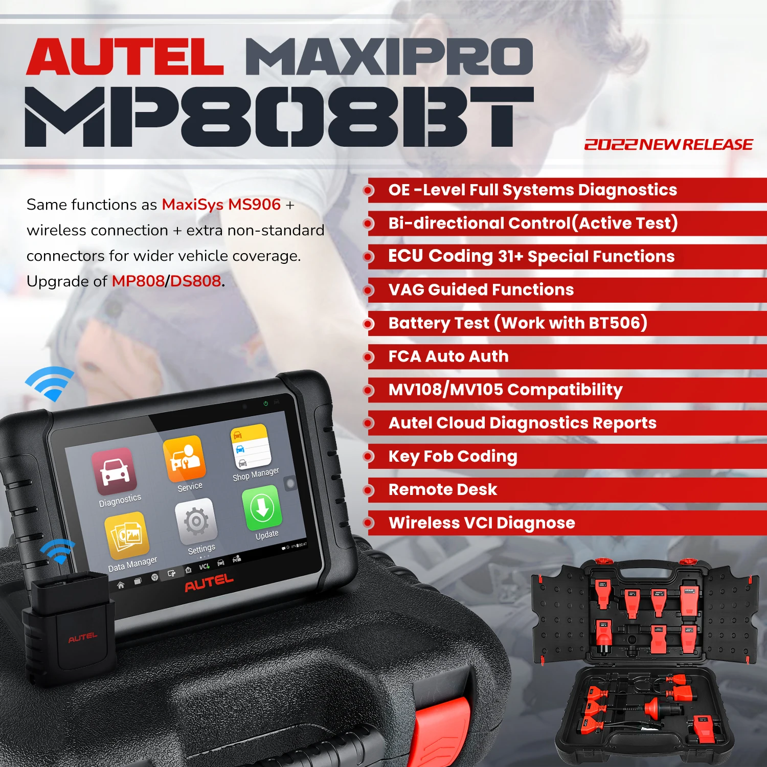 Autel-MaxiPRO MP808BT OBD2 진단 스캐너, 38 + 서비스 ECU 코딩 VAG 가이드 및 액티브 테스트 PK MP808 DS808 MP808K, 2023