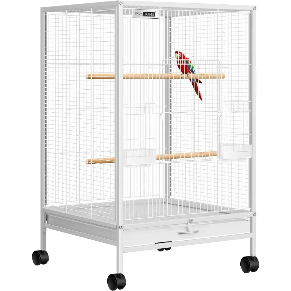 

30 Inch Height Wrought Iron Bird Cage with Rolling Stand for Conures Lovebirds Cockatiels Finches, White
