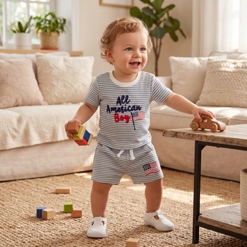 Baby Clothing Boy 4th of July Outfits Short Sleeve Letter Embroidery T Shirt + Shorts Set Toddler Clothes