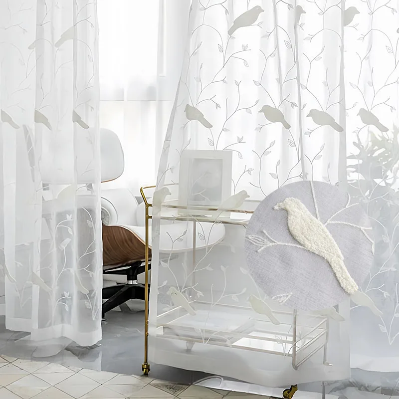 American 3D Birds and Branch Embroidery Sheer Curtains White Cotton and Linen Translucent Tulle For Living Room Bedroom Custom