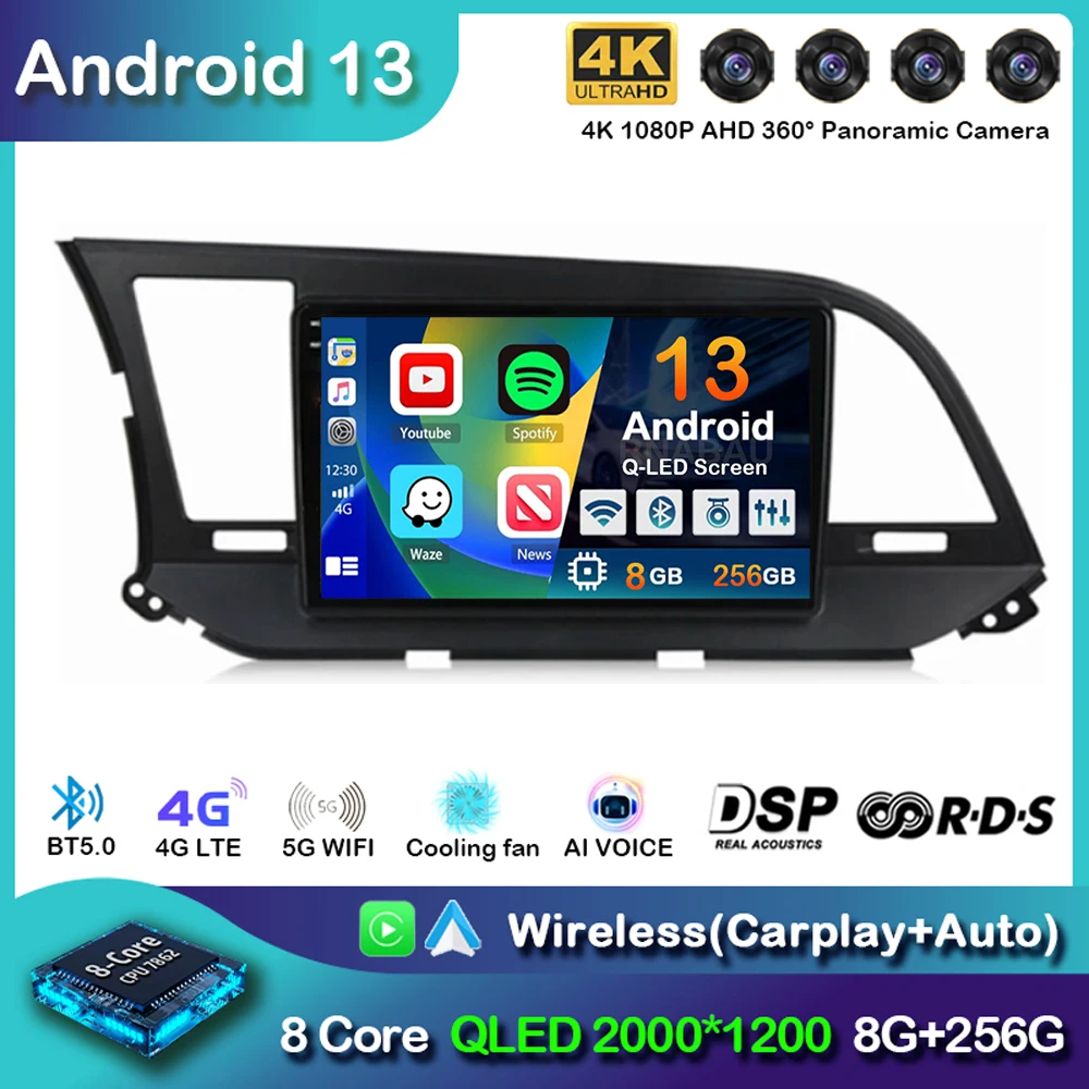 

Android 13 Carplay Auto For Hyundai Elantra 6 2015 2016 2017 2018 Car Radio DPS GPS Navigaion Multimidia Video Player 360 Camera