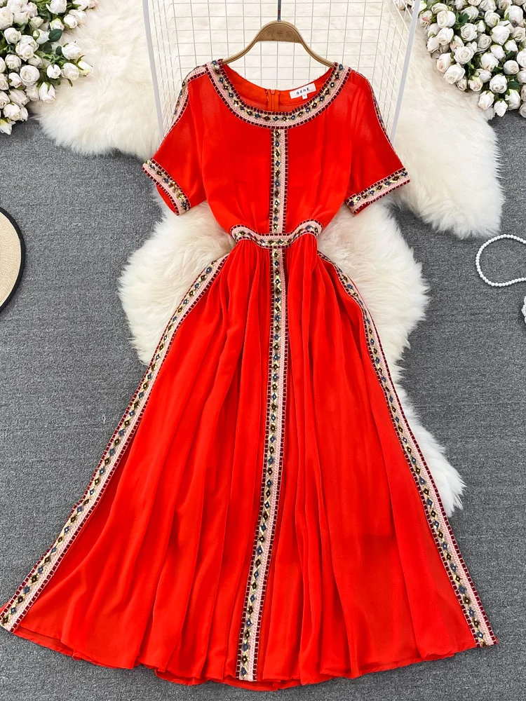 

Summer Seaside Vacation Beach Dress Travel Bohemian Long Dress High Style Round Neck Waist A-line Vestidos Women D1574
