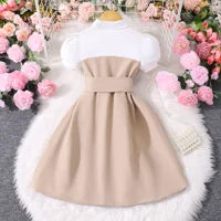 Robe princesse à manches bouffantes pour filles de 4 à 7 ans, col Peter Pan d'été, bloc de couleurs, ton terre, Durable pour l'extérieur 3