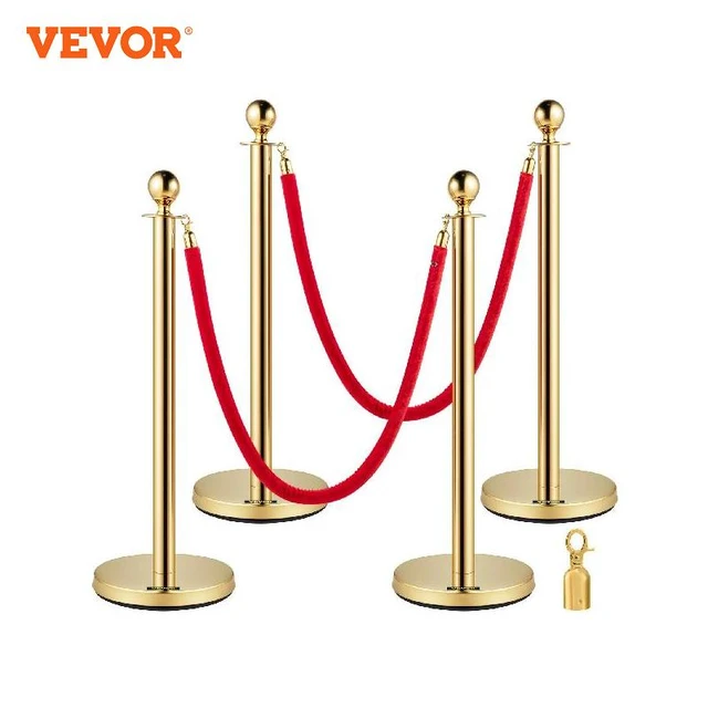 VEVOR Velvet Ropes and Posts, 5 ft/1.5 m Red Rope, Stainless Steel