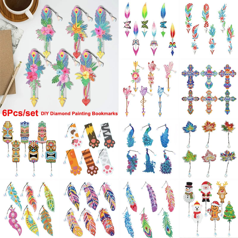 

6Pcs DIY Diamond Painting Bookmark Feather Butterfly Shaped Rhinestone Embroidery Art Mosaic Book Mark Crafts Kits Handmade Gift