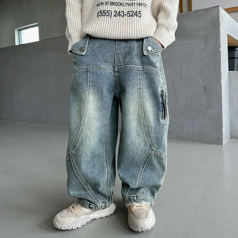 스트리트웨어 캐주얼 와이드 레그 패치워크 데님 팬츠 키즈 아동 y2k 배기진 남아 하라주쿠 빈티지 블루 고퀄리티 힙합