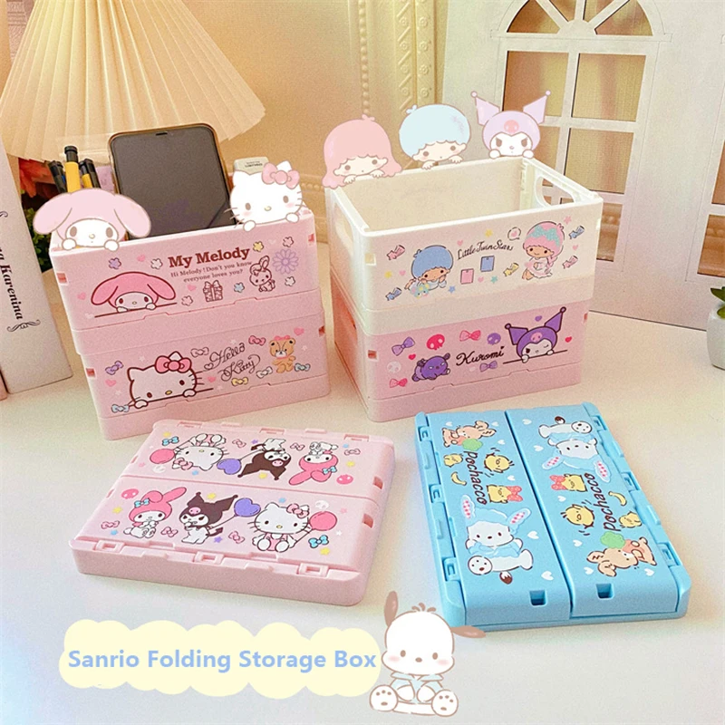 

Настольный органайзер Sanrio, корзина Hello Kitty Kawaii Kuromi Melody, складной Штабелируемый косметический Органайзер, Настольный ящик для хранения для девочек