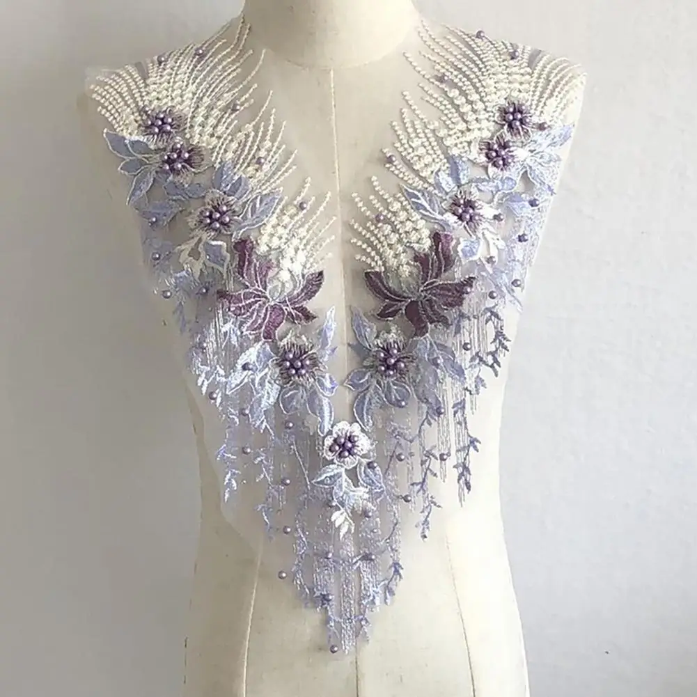 Beads Flower Embroidery Lace Collar Wedding Dress V Collar DIY Lace Flower Trim Patch Elegant Wedding Dress Patch Fabric