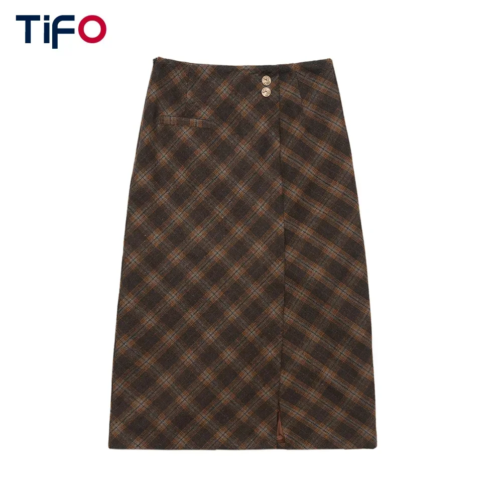 

Plaid A-line Skirt Women Autumn Winter Retro Casual Loose Split-Hem Loose Midi Skirt