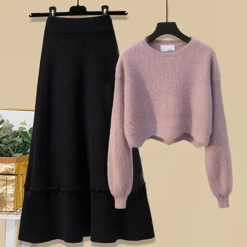 Women's  Autumn Winter Elegant Outfits 2023 New Fashion Lazy O-Neck Knitted Sweater High Waist Slim Half Skirt Two Piece Set new no buckle stretch buckless belt invisible elastic waist belt unisex for jeans pants lazy belts for women men belt for men