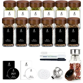 12/24 barattoli di spezie quadrati | Contenitori per spezie in vetro da 120 ml | Set di barattoli di spezie 12/24 con etichette | Deposito cucina 2