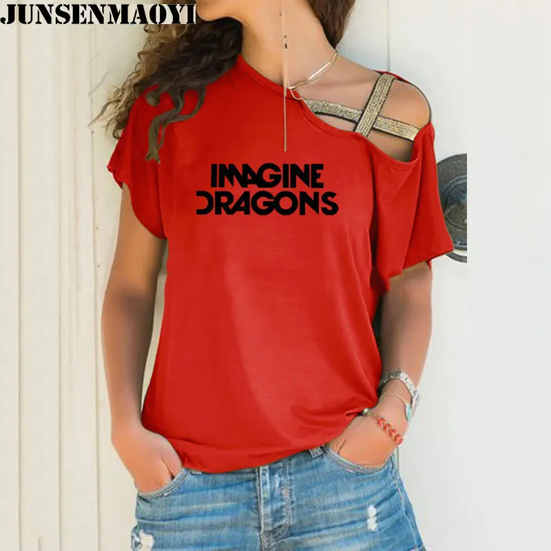Woman t shirt Imagine Dragons Funny Tee Top Short Sleeve Female clothing T-Shirt Irregular Skew Cross Bandage Tops 2