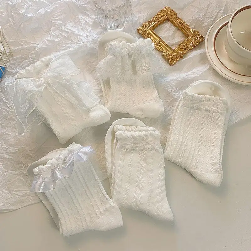 5 Pairs Lolita White Bow Lace Middle Tube Japanese College Style Princess Socks Sweet JK Streetwear Hosiery_voghion.com