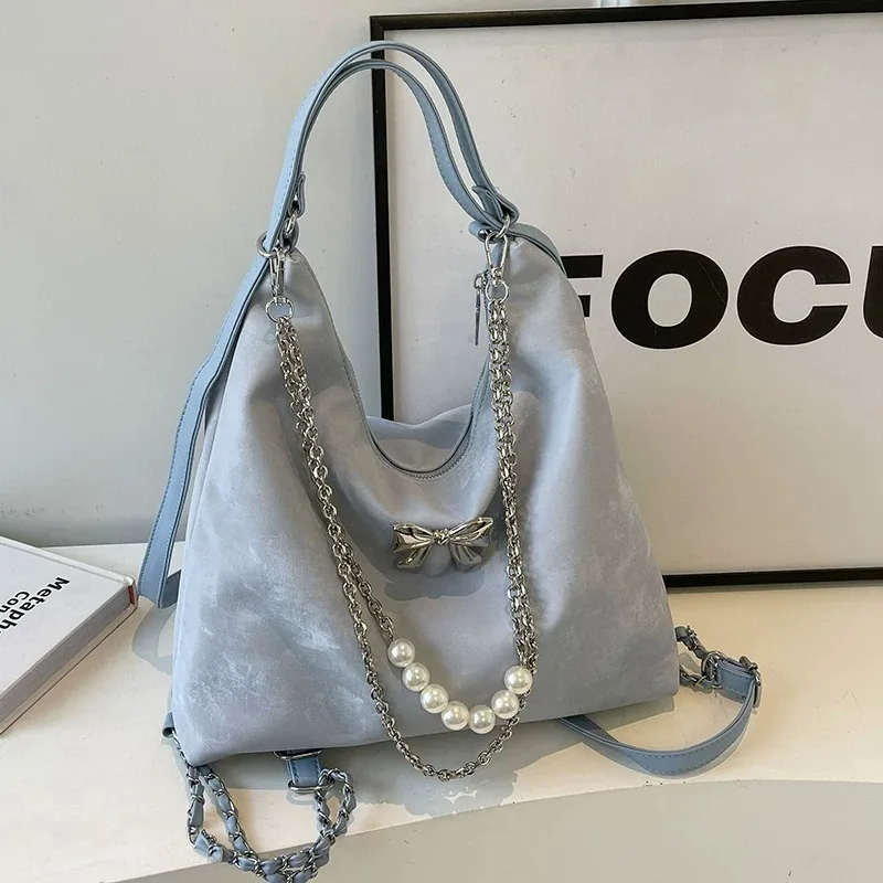 Elegant Silver Large-Capacity Tote Bag with Chain Strap - Perfect