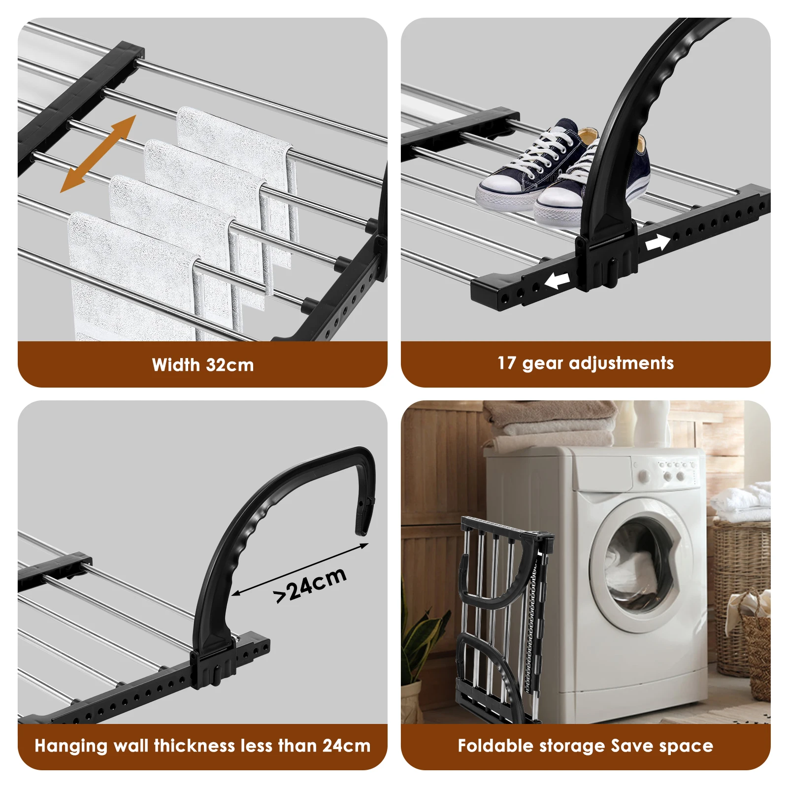 New Foldable Radiator Drying Rack Extendable Clothes Drying Hanger Stainless Steel 42-72cm Shoes Towels Drying Rack for Balcony 6