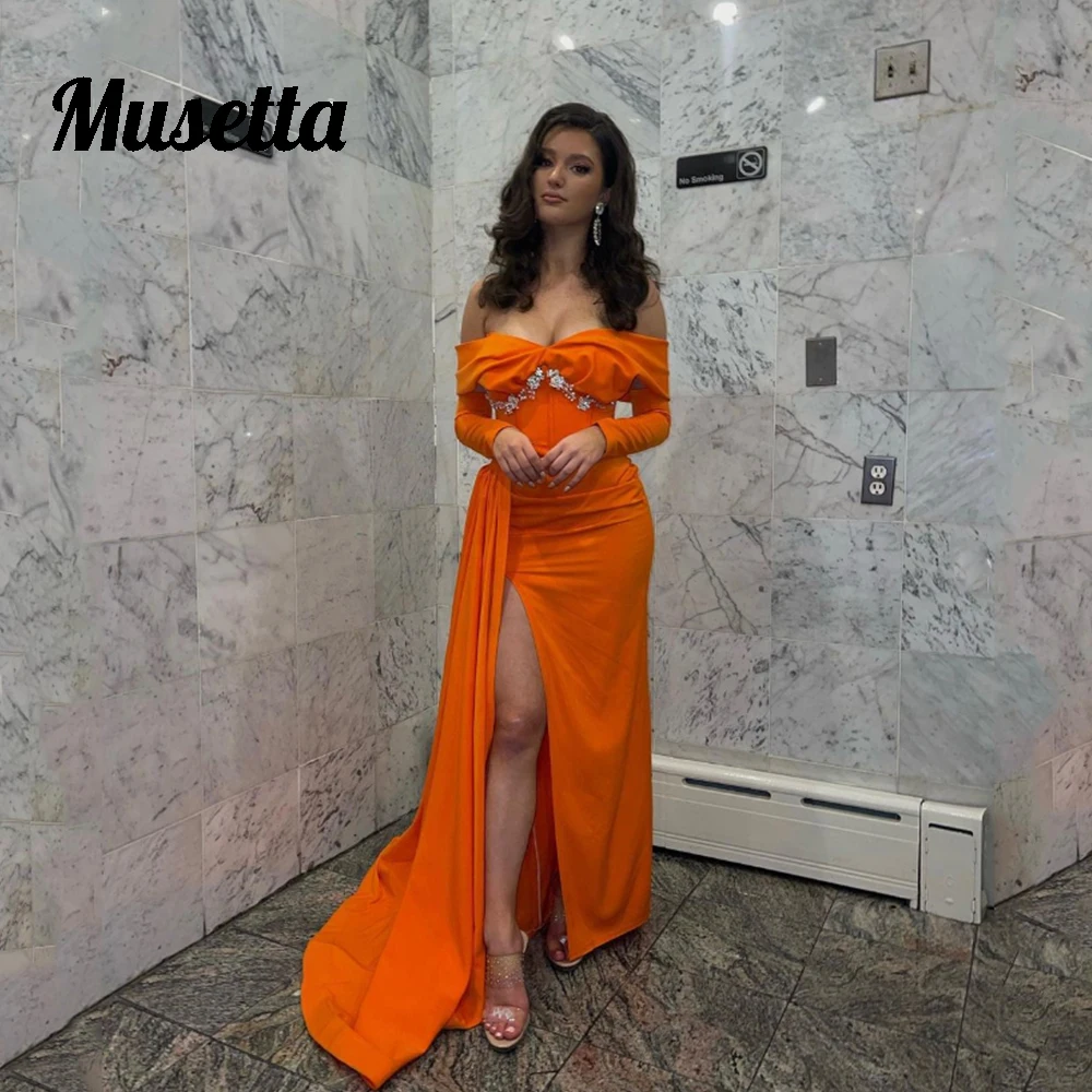 

Musetta Sexy Off The Shoulder Evening Gowns Women Crystal Beading Bodycon Ruched Formal Prom Dress High Split Robe De Soirée