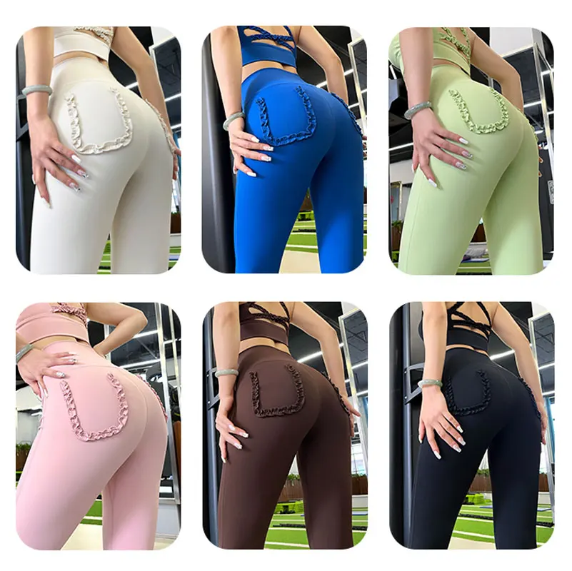 Leggings Sport Women Fitness High Waist Fake Pocket with Lace Sexy Booty Lifting Fitness Leggins Push Up Slim Workout Legging