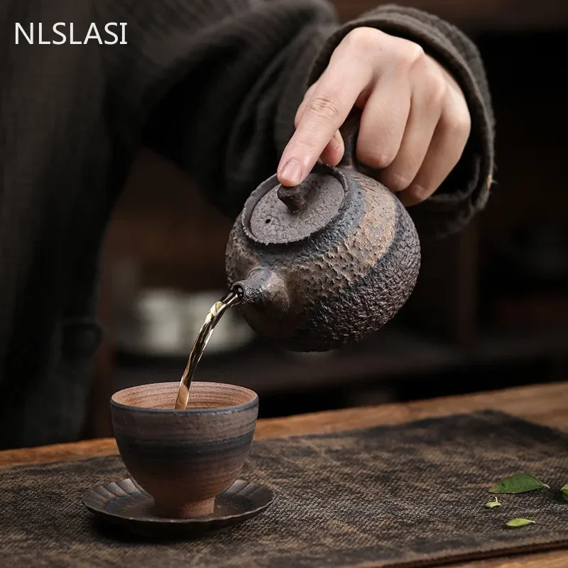 240ml Handmade Retro Coarse Pottery Teapot Japanese Gilt Iron Glaze Pot Pu 'er Tea Infuser Traditional Tea Ceremony Supplies
