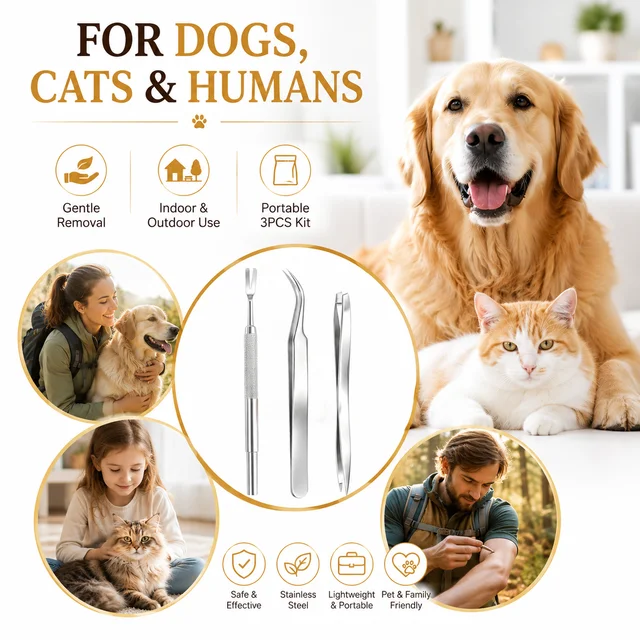 Pet Tick Removal Tool Kit Stainless Steel Tick Remover Tweezers for Dogs Cats Humans Grooming Care Accessories 1