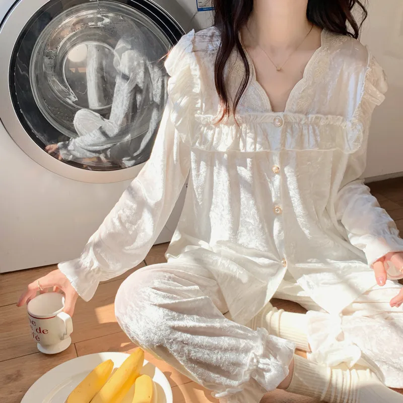 

2023 Autumn Winter Women's Flannel Pajamas Loose Simple Solid Color Loungewear Coral Fleece Sleepwear High-end Warm Homewear Set