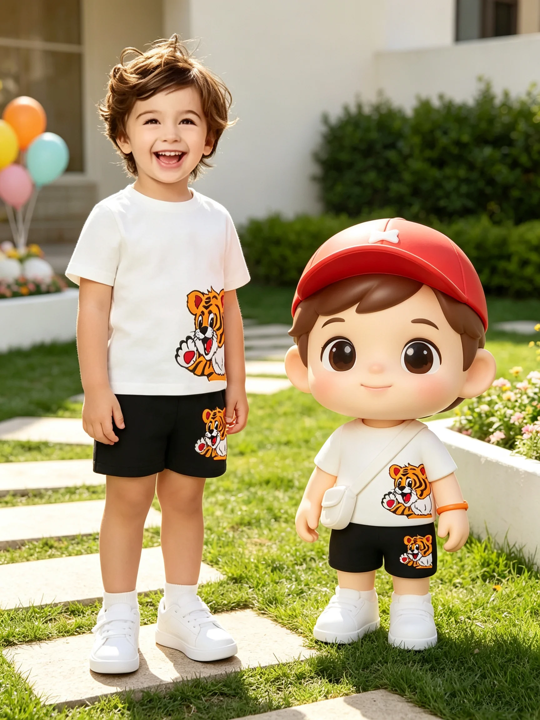 Sommer-Kinderbekleidungsset mit Cartoon-Tiger-Print, Rundhals-T-Shirt und elastischem Bund, einfarbige Shorts.