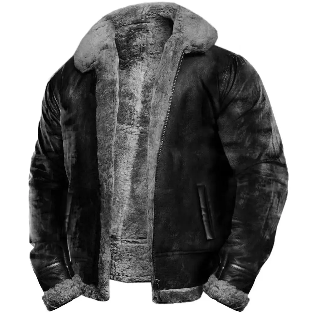 سترة شتوية كلاسيكية من الفرو الصناعي على طراز أمريكا الشمالية سترة من الجلد الصناعي للرجال معطف فرو صناعي بياقة من الفرو ثقيلة الوزن