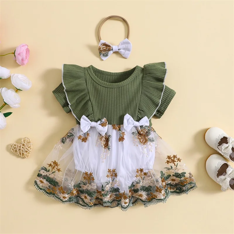 

Infant Baby Girls Romper Dress Flower Embroidery Knit Rib Ruffles Crew Neck Jumpsuits Summer Bodysuits with Bow Headband