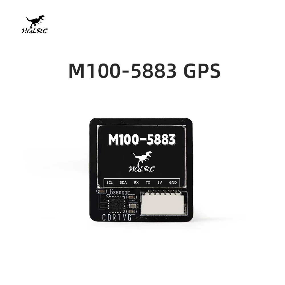 Module GPS HGLRC M100-5883 M10 installé sur un bras de drone FPV, avec câbles visibles pour une intégration facile.