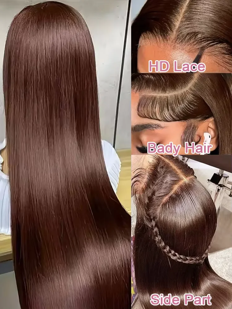40 Inch 4# Chocolate Brown Straight HD Lace Wig 13x6 13X4 Human Hair Brazilian 220 Density Colored Lace Front Wigs Hair Prepluck