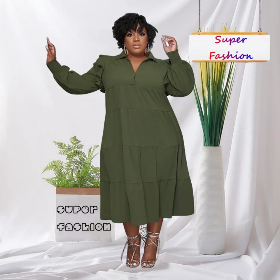 

WSFEC L-4XL 2023 Fall Plus Size Women Clothing Solid Color Ruffles Long Sleeve Loose Casual Dresses Female Outfits Dropshipping