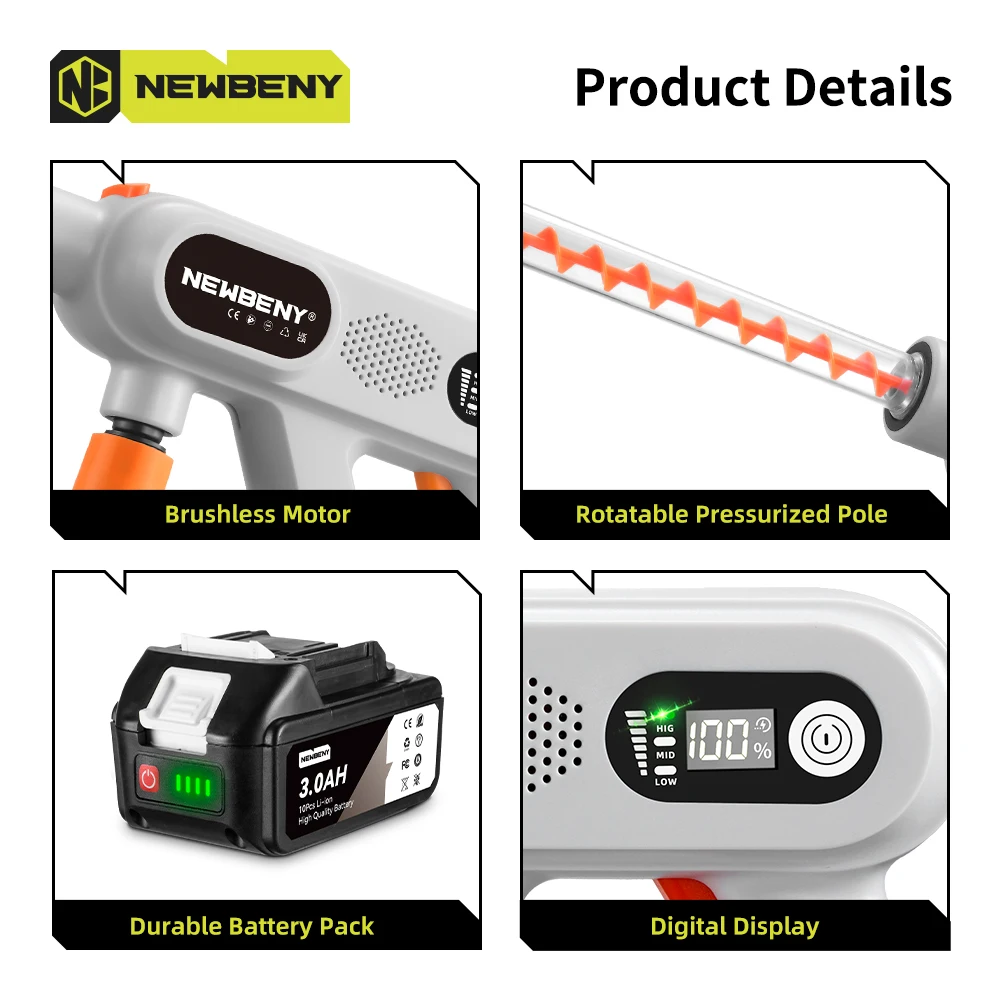 NEWBENY 250Bar High Pressure Brushless Car Washer 3 Gears Cordless Garden Car Cleaning Spray Gun Tool For Makita 18V-21V Battery 4