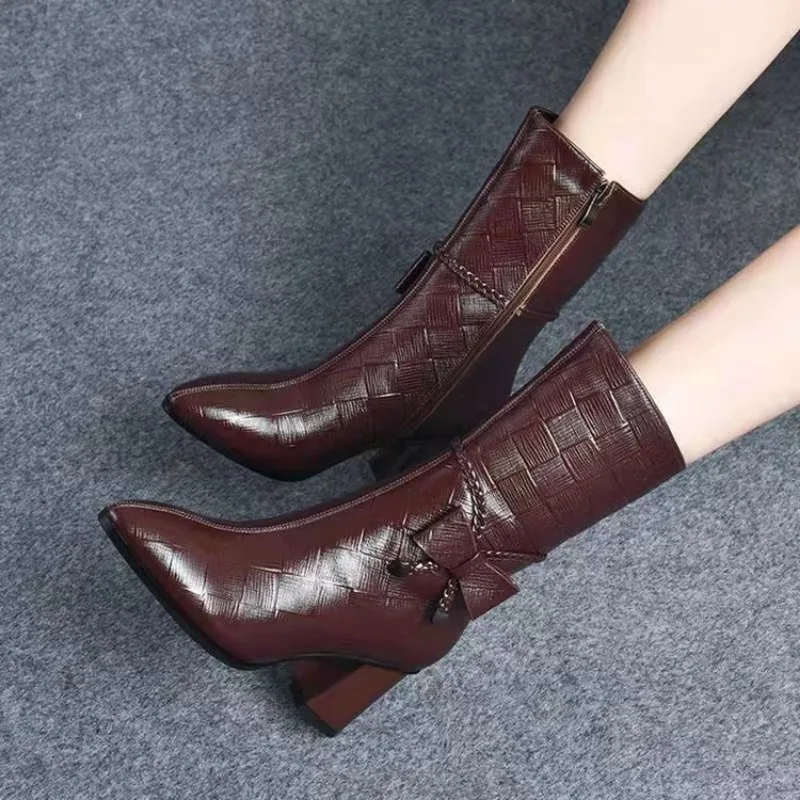 Fashion Boots Fall/Winter 2023 Pointy Side Zipper Retro Women's Bow Comfortable Mid-calf Boot Pointed Fashion Boots for Women