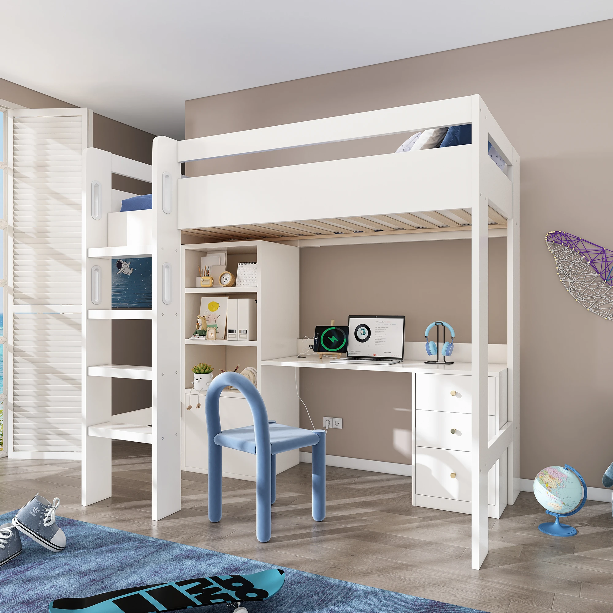 Kinder-Etagenbett mit USB-C, Schreibtisch, Kleiderschrank und Aktenschrank; Jugendbett, Einzelbett mit Treppe und Lattenrost – Detail 16