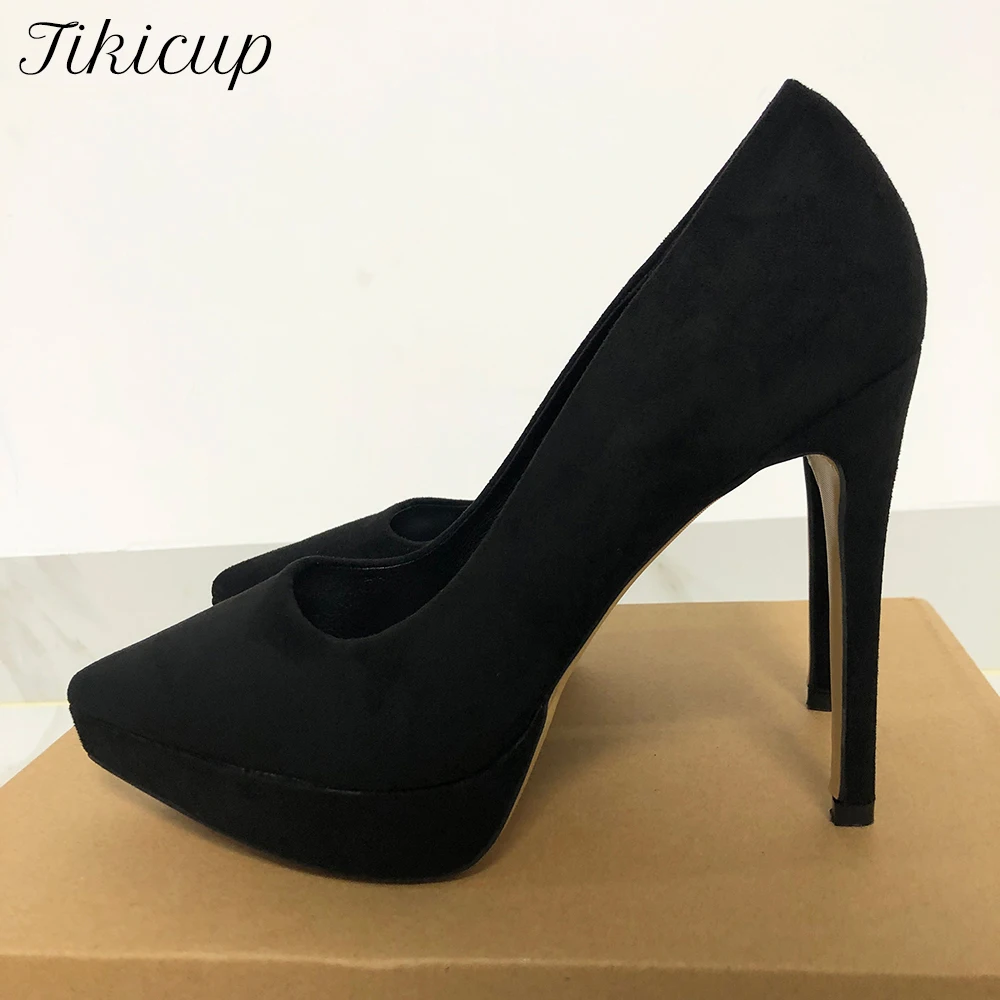 

Tikicup Women Black Flock Pointy Toe Platform High Heels Elegant Lady Stiletto Pumps Synthetic Suede Dress Shoes Plus Size35-46