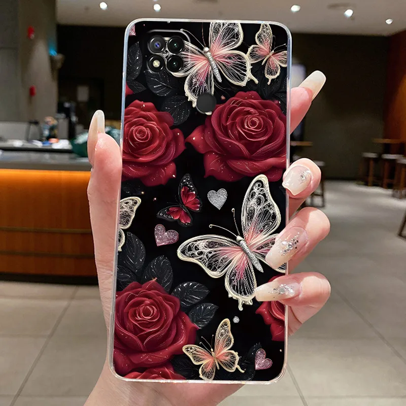 레드미 9C 10A용 케이스 클리어 럭셔리 패션 나비 꽃 소프트 TPU 실리콘 커버 레드미 10A 9C 투명 폰 케이스