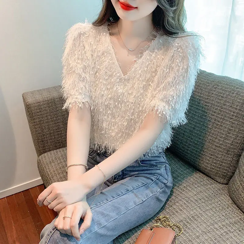 

Summer New French Tassel Women's 2024 New Patchwork V-neck Fashion Elegant Solid Color Minimalist Casual Short Sleeved Tops