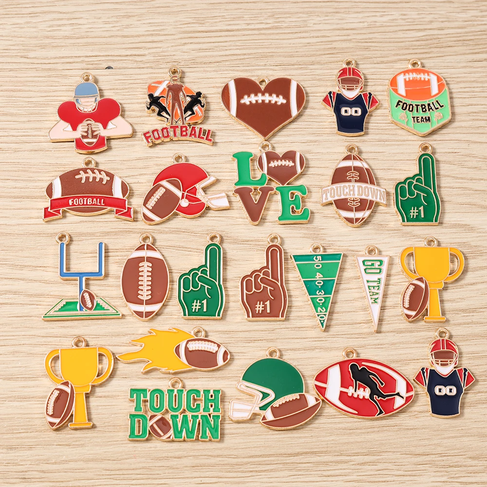 Tusember 10 Stück Niedliche Liebes-Sport-Anhänger, Emaille Rugby-Helm und Fußball-Anhänger für Schmuckherstellung, Ohrringe, Halsketten, DIY-Bastelarbeiten