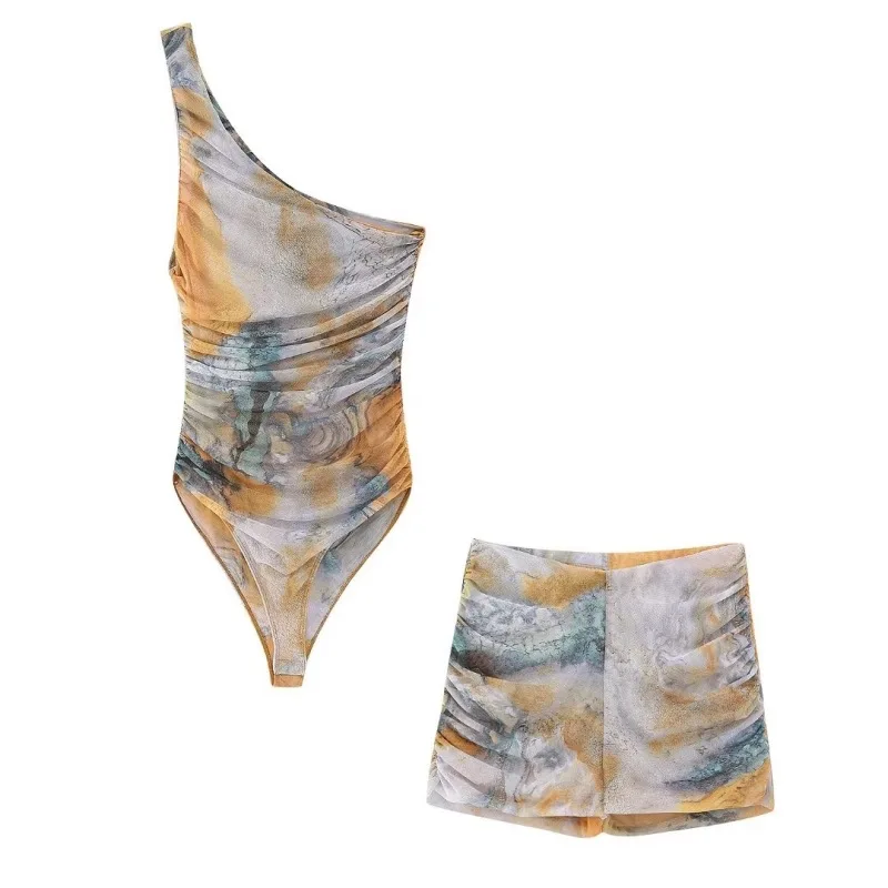 

2023 New Women Printed Asymmetric Jumpsuit Fashion One Shoulder Sleeveless Slim Fitting Jumpsuit Trend High Waisted Shorts Set