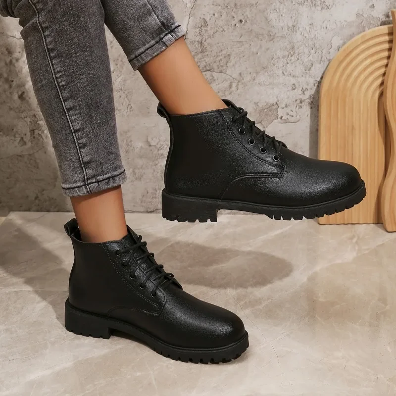 2024Solid Black Oxford Shoes Woman Work Leather Wedge Flats  Casual Lace Up Spring Shoes  Kitchen Non-slip Loafers 2