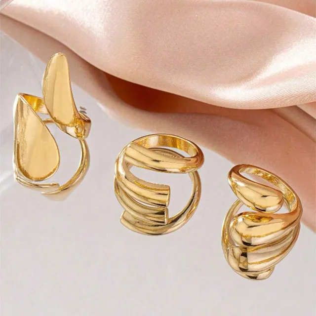 88109-ddb3bb.jpg 3 pièces/ensemble Vintage couleur or goutte d'eau anneaux pour les femmes mode créative métal lisse géométrique réglable anneau ouvert bijoux