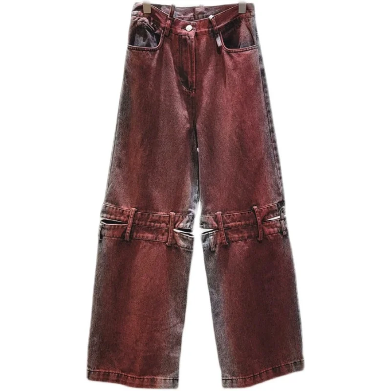2023 New Women Cargo Pants Red Wine Wide Leg trousers Broken Holes Grunge Punk Painted Casual Empire Long Denim Capris Jeans