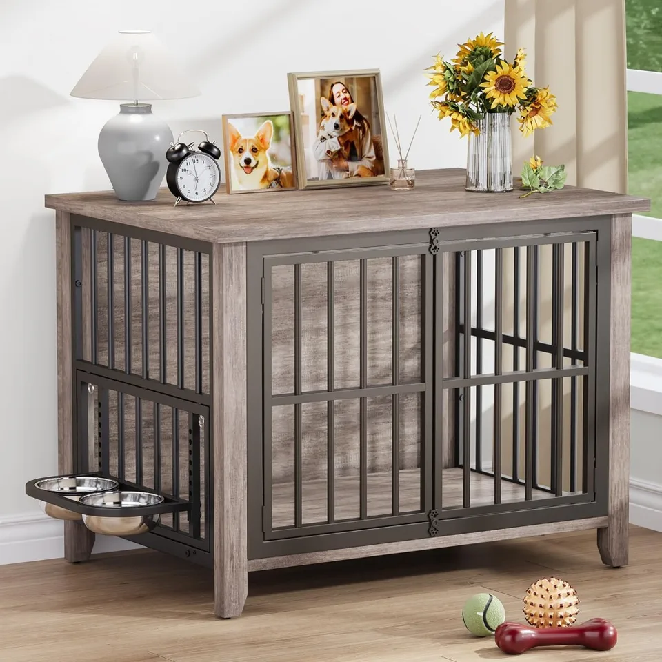 Wooden Dog Crate Furniture with Adjustable Feeder