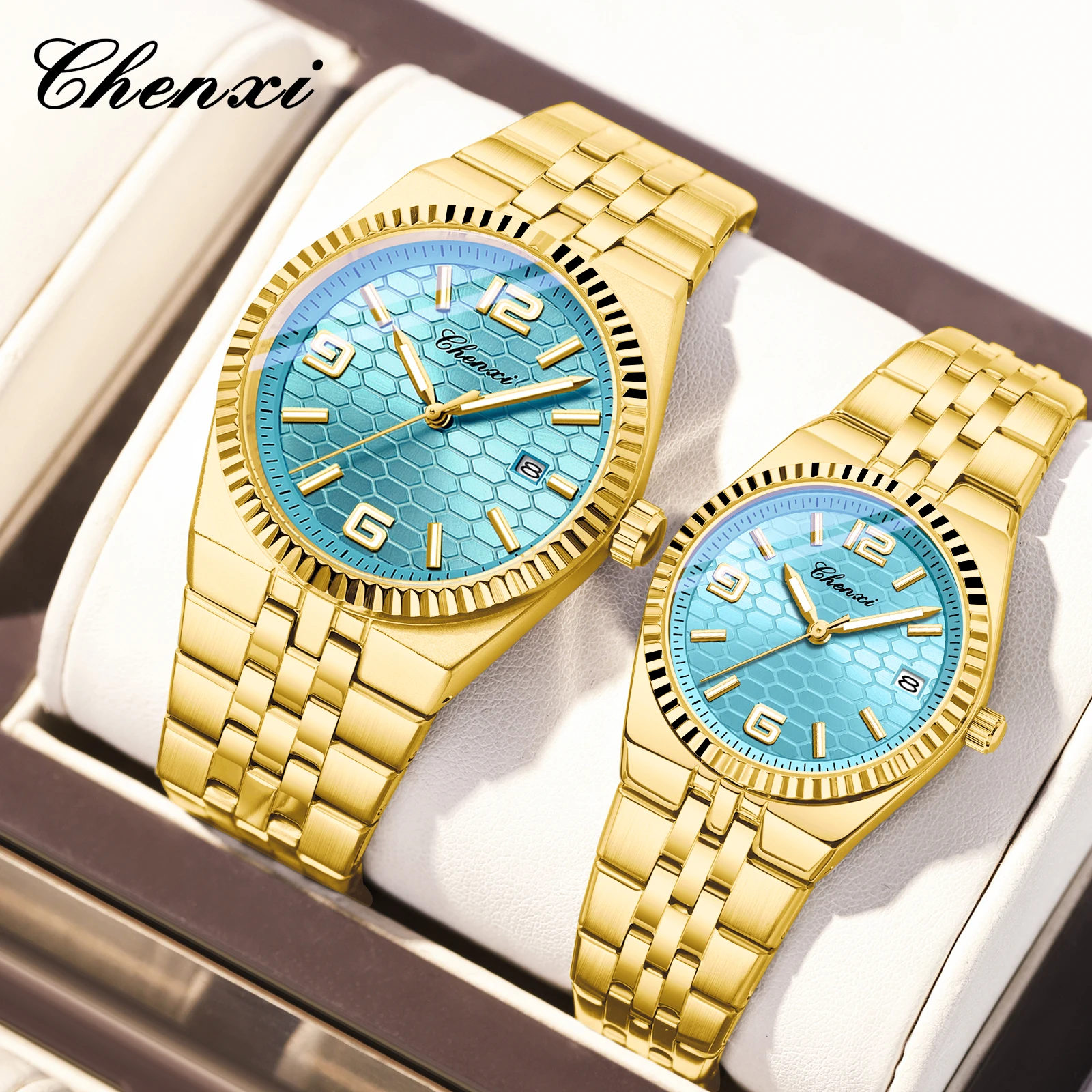 CHENXI 8280 Montres à quartz tendance pour couple, calendrier, lumineuses, bracelet en acier inoxydable doré, élégantes, montres-bracelets pour homme et femme, relógio