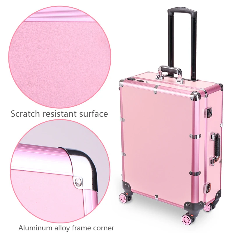 Travel Luggage Professional Rolling Cosmetic Case Beauty Makeup Trolley LED Light Mirror Aluminum frame Folding table