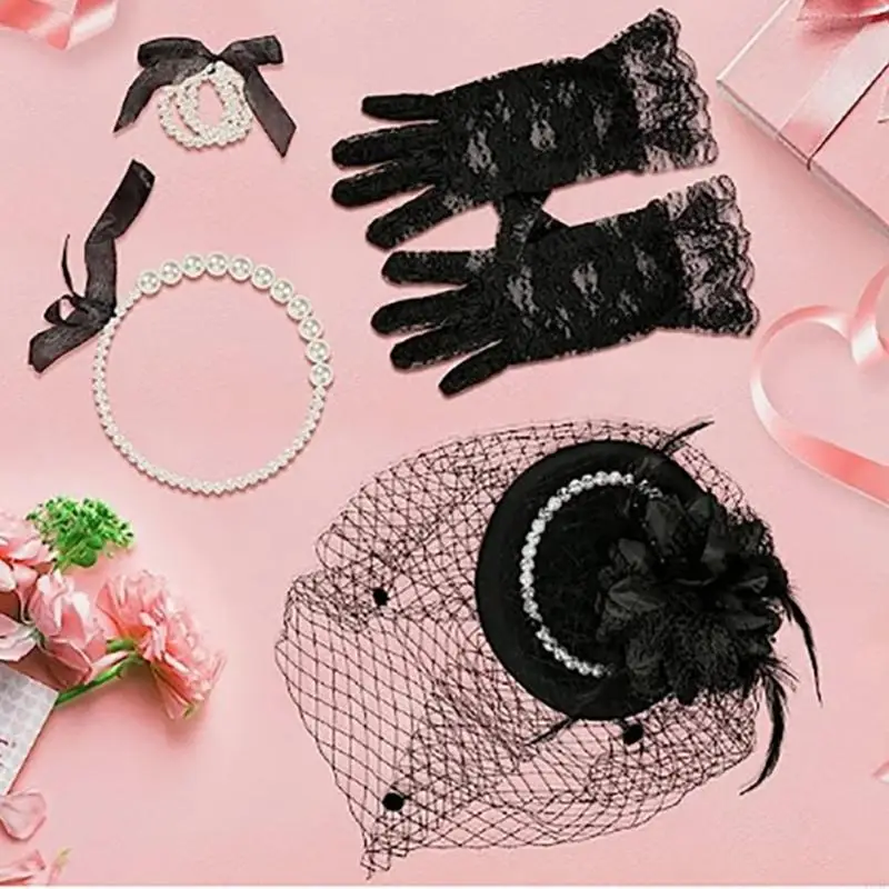 49MF Small Hat Mesh Lace Gloves & Imitation Pearl Necklace Set for Girls, 5 Pieces 20s Vintage Tea Party Accessories Set