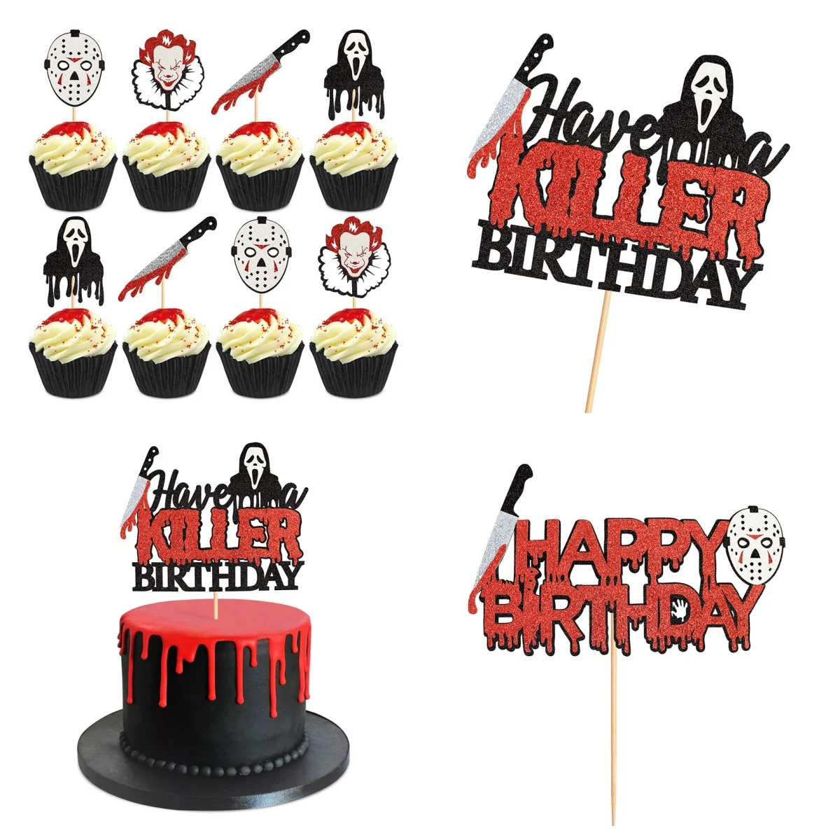 Cake Topper Blood Knife Mask Ghost Face DIY Halloween Cupcake Toppers Ghost Cake Flags Kids Birthday Killer Party Baking Decor