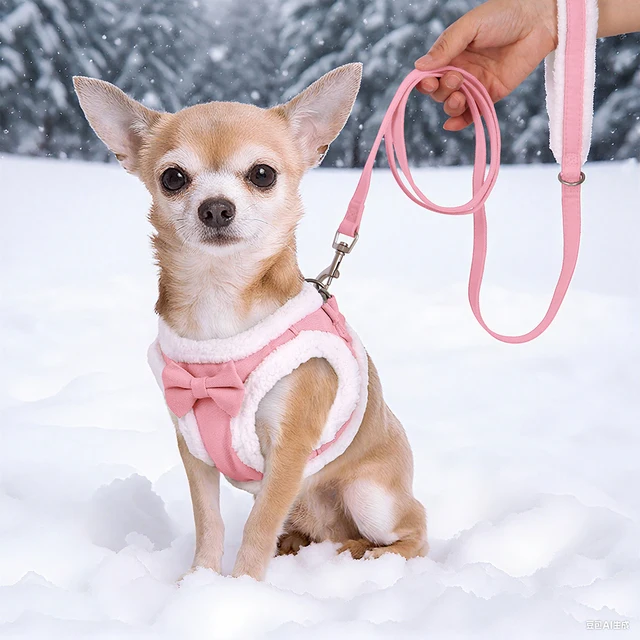 Soft Dog Harness Leash Set Adjustable Dog Harnesses With Cute Bowtie Accessories Warm Winter Pet Vest Lead for Small Medium Dogs 5