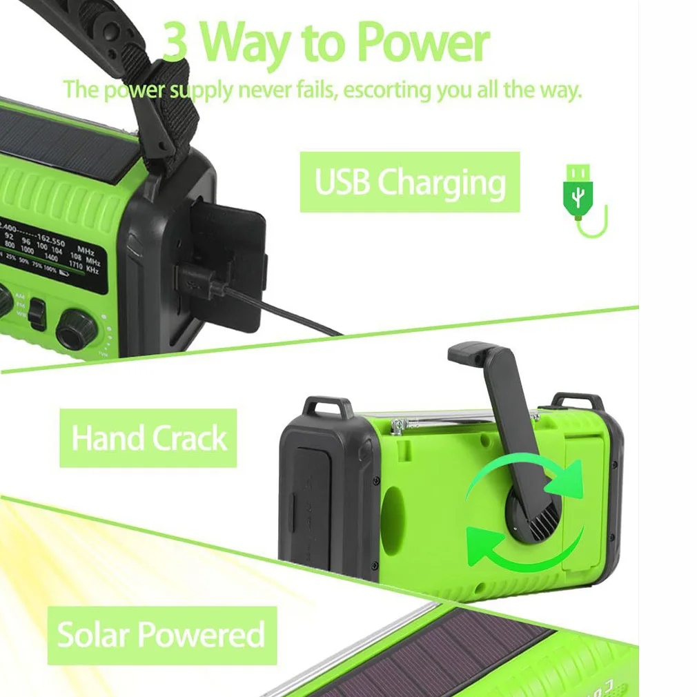 USB 충전식 비상 라디오 20000mAh 태양열 핸드 크랭크 발전기 라디오 날씨 AM/FM 라디오 SOS 알람 보조 배터리 손전등